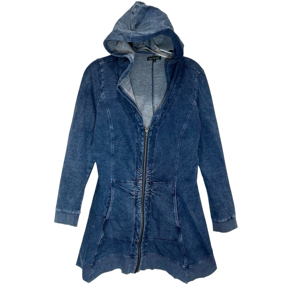 For Cynthia Blue Denim Cotton Hooded Jacket w/ Asymmetric Raw Hem - Medium